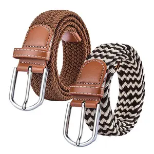 Wholesale Custom Genuine Braided Men Belt Custom Classic Two Tones With Metal Pin Buckle Stretch Belt