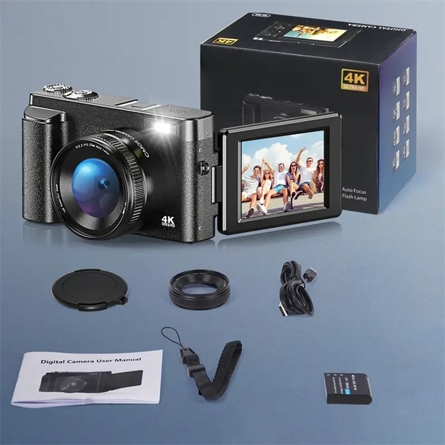 4K Digital Camera DSLR 180° Rotated Professional with 3.0-Inch IPS Display Recording 16X Zoom Flip Screen Digital Camera