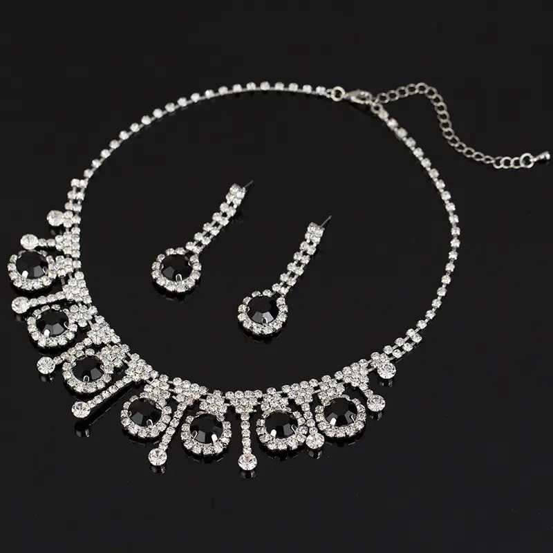 WN161 set perhiasan pengantin, set perhiasan pernikahan wanita kalung Dan anting berlian imitasi hitam dan Bening