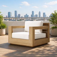 Moderner Teakholz-Rahmen Drehbarer Loungesessel Kastenförmige Silhouette Dickes Beige Kissen Akzent-Sessel für Wohnzimmer Hotel-Lobby Dekoration