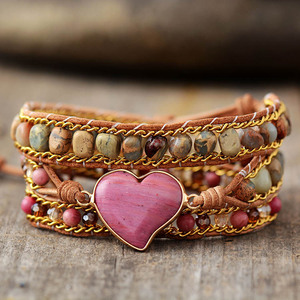 Bracelet en forme de cœur avec pierres tissées à la main, chaîne en cuir à 3 couches, bijoux de mode pour femmes, cadeau - Product Image 2