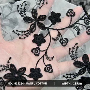 Malha transparente preto e branco, malha de algodão bordado floral renda tridimensional