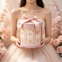Boîte à dragées cylindrique faite à la main, boîte cadeau ronde en papier rose avec nœud papillon