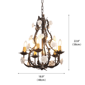 Lampadario in Stile Country Francese per Soggiorno e Hotel, Decorazione in Ferro Scuro con Ceramica Bianca, Lampadario Florentino a Rosa - Product Image 6