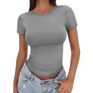 Camiseta de encaje ecológica para mujer, cuello redondo, corte ajustado, manga corta, informal, de verano, marca privada, personalizada - Product Image 5