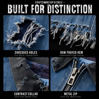 Veste en jean bleu délavé personnalisée 420 g/m² avec déchirures prononcées, col gris contrastant, ourlet brut effiloché, vêtement d'extérieur streetwear OEM ODM