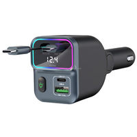 Cargador de coche tipo C 4 en 1 Cable de carga rápida retráctil 5V/2.4A Monitoreo de voltaje incorporado Luces ambientales de respiración coloridas