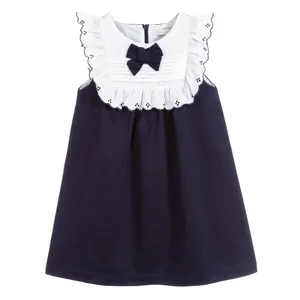 Customized cute children clothes baby girl dresses black and white ruffled sleeveless dress with bowknot