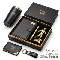 Coffret Cadeau d'Entreprise Thème Football Personnalisé avec Logo, Boîte de Luxe Noir et Or, Carnet en Cuir, Stylo Métallique, Vente en Gros