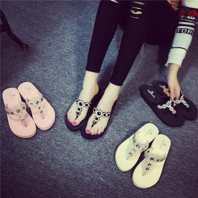 Female Flip Flop Non-Slip Summer Sandals Slippers Crystal Strap Wedges Flip Flops Women Heel