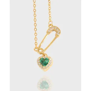 Fashion Design S925 Sterling Silver Necklace with Green Zircon Heart Pin Pendant Gold Plated Cross Chain Fine Jewelry for Women