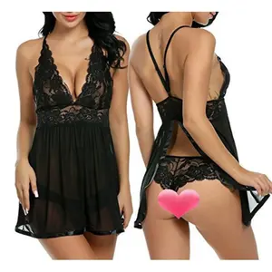 Excellent quality low price silk lady sexy lace sling deep V-neck nightdress