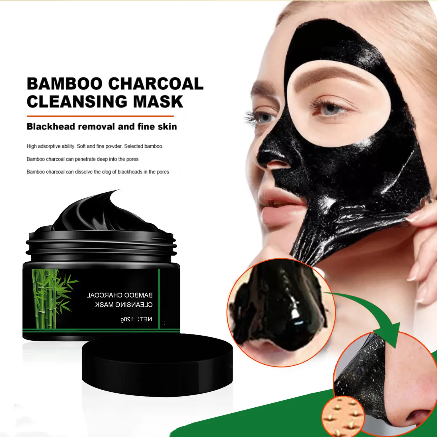 Máscara facial de beleza, removedor de cravos, limpeza de poros antiacne, carvão e bambu