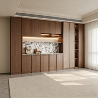 Buffet moderne du milieu du siècle en noyer avec plateau en marbre et portes en rotin pour salle à manger, meuble de rangement et de présentation