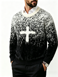 <strong>Men's</strong> Pullover Sweater Black and <strong>White</strong> Gradient Crewneck Autumn Street Style Jacquard Casual Long-sleeved Knit <strong>Jumper</strong> - Product Image 3