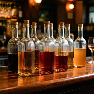 Bouteille à liqueur en verre transparent personnalisée <span class=keywords><strong>de</strong></span> 500 ml, design à rayures verticales, fond épaissi, avec bouchon - Product Image 1