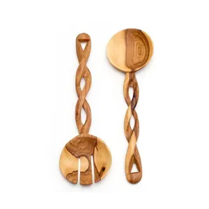 橄榄木勺和叉子套装2，螺旋独特设计手柄，橄榄木勺套装