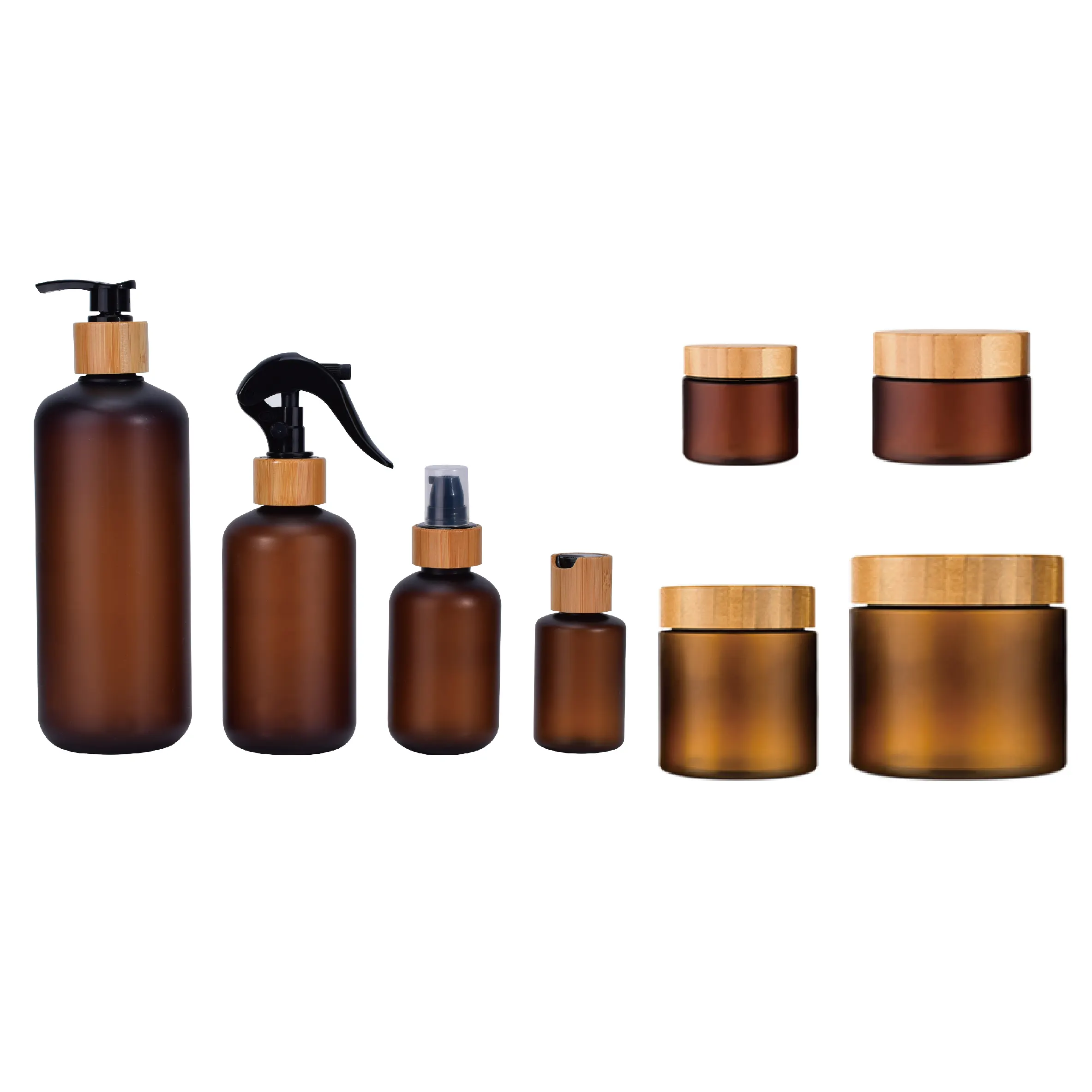 Di bambù Cosmetici imballaggi in PET 60ml 120ml 250ml 500ml smerigliato bottiglia di plastica color ambra con tappo di bambù