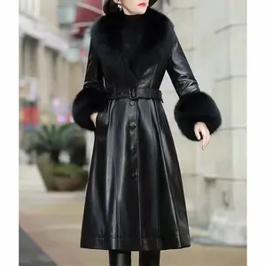 CX-L-23 New Arrival Genuine Sheep Leather Trench Fox Fur Collar Women Fashion Long Leather Down Coat