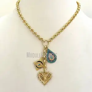 NM44336ทองก้อนหลายเสน่ห์ CZ สร้อยคอหัวใจตาตุรกีสีฟ้าครามเคลือบชั้นปรับสร้อยคอ