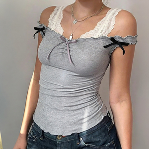 T-shirt décontracté en maille respirante à col en V pour femme, avec dentelle et nœud plissé sur le devant, manches courtes, collection été 2026 - Product Image 3