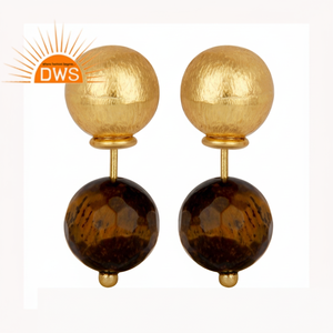 Pendientes chapados en oro de 14k, joyería de latón, proveedor de joyería, Bola de piedras preciosas de ojo de tigre, aretes de tuerca, venta al por mayor - Product Image 1