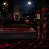 Eau de Parfum pour Femme en Flacon Fin avec Bouchon Doré, Boîte de Présentation Noire et Rouge à Motifs Floraux, Velours, Longue Durée