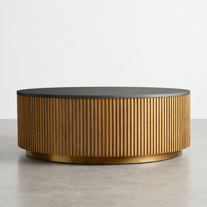 MYHOME 2026 Tavolino da Caffè Rotondo Moderno in <span class=keywords><strong>Legno</strong></span> di Quercia Massiccio con Piano in Marmo Design Canna per Arredamento Soggiorno - Product Image 4