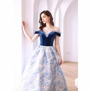 Blue Off-Shoulder Velvet Evening Gown Empire Waist Floral Print Ball Gown For Banquets Performances Hostess Dress - Product Image 4