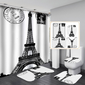 4Pcs Paris Tour Eiffel Rideau de <span class=keywords><strong>Douche</strong></span> Set de Salle de Bain Décor avec Tapis Antidérapant Tapis de Bain en Forme de U Couvercle de Toilette Imperméable - Product Image 2