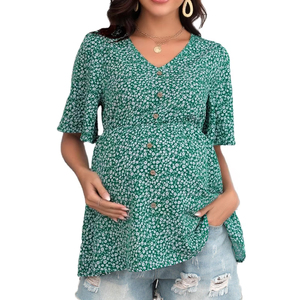 Nuovo Top Estivo per Maternità con Stampa Floreale, Scollo a V e Maniche a Volant, Abbigliamento per Donne <span class=keywords><strong>in</strong></span> <span class=keywords><strong>Gravidanza</strong></span>, 100% Poliestere - Product Image 1