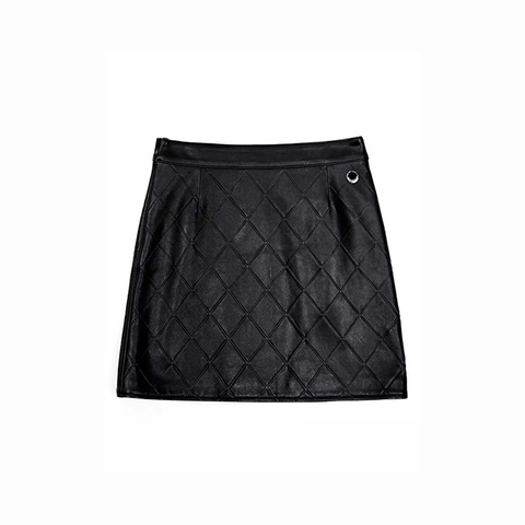 New Arrival Elegant Leather Skirt Diamond Check Embossing Sexy A-line Sheepskin Short Skirt for Girls Women