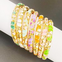 Gelang Enamel Terbuka Berlapis Emas HLT Fashionable Retro Warna-warni Cloisonne Berhiaskan Rhinestone untuk Wanita, Desain Tetesan Air/Kelopak Bunga