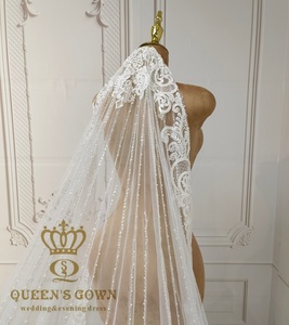 QUEENS GOWN Gorgeous Lace Applique Cathedral <strong>Veil</strong> <strong>Sparkling</strong> Ivory Beaded One-layer Wedding <strong>Veil</strong> with Lace Edge - Product Image 5