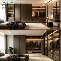 Dressing de luxe durable avec façade en verre, éclairage LED intégré, banc en cuir, design scandinave pour hôtel moderne