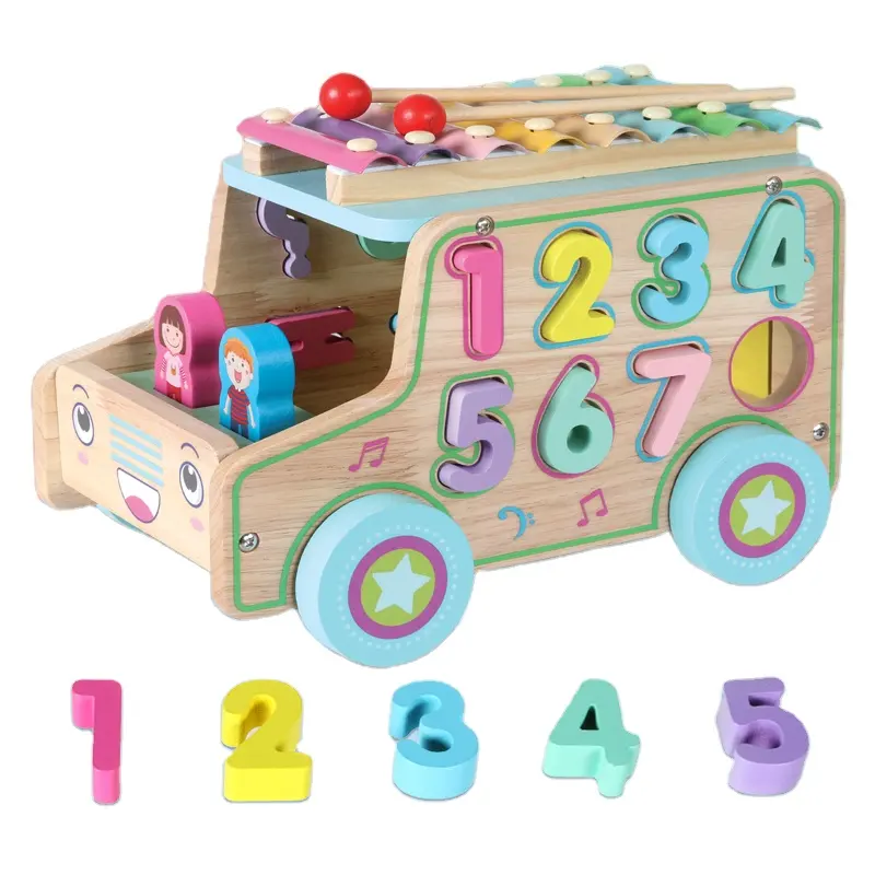 Multi-functional Wooden Dragging Intelligence Box Educational Math Shape Matching Trailer Puzzle Toys