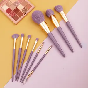 NO LOGO Synthetic Hair Frosted Aluminum Tube Solid Wood Paint Brush 9Pcs Small Purple Series Makeup Brush Set Factory Spot Sale