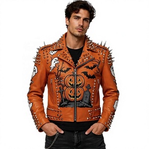 Custom Zipper Closure <b>Men</b> Genuine Sheep Skin Embroidery Studded Biker <b>Jacket</b> OEM Distressed Printed Front Waterproof - Product Image 3