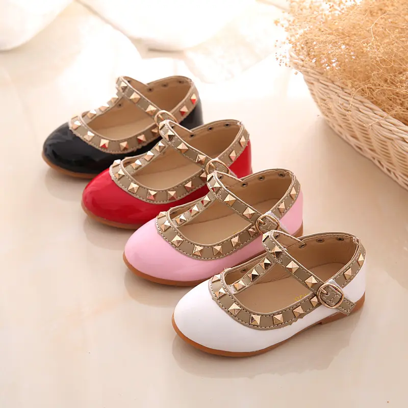 Kids fashion princess shoes girl korean rivet pu leather red child dance shoes school girl shoes