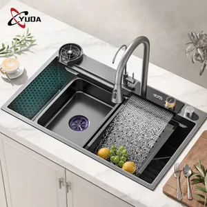 Fregadero de cocina negro Nano individual moderno Acero inoxidable cascada fregaderos de cocina inteligente 304 Acero inoxidable fregadero de cocina