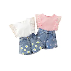 New Children 2pcs Outfit Girls Fly Sleeve T-shirt Denim Short Clothes Set Baby Sunflower Printed Clothes