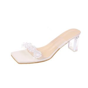 Sandalias de tacón alto grueso con punta cuadrada transparente de 5/7 cm para mujer, con correa de cristal, estilo mule, sin cordones - Product Image 1