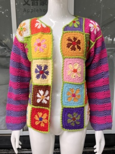 Cárdigan de invierno de ganchillo colorido para <span class=keywords><strong>mujer</strong></span>, suéter de punto floral con cuadrados granny, manga larga, <span class=keywords><strong>a</strong></span> rayas, estilo bohemio, cuello en V, acrílico grueso - Product Image 2