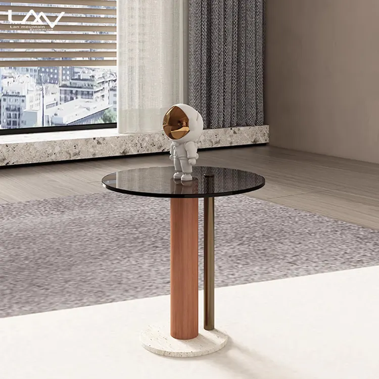 Yüksek kalite Modern tasarım cam üst ahşap bacak yuvarlak yan masa oturma odası otel Villa yatak hareketli sehpa