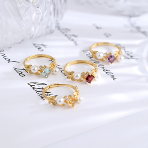9 Dainty 925 Sterling <b>Silver</b> Gold Plated Leaf Band <b>Adjustable</b> <b>Ring</b> With 5*5mm Natural Stones Fine Jewelry For Women - Product Image 3