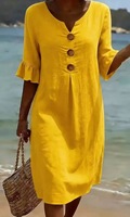 Robes d'été en coton et lin à col en V pour femmes grandes tailles, décontractées, taille haute, manches courtes