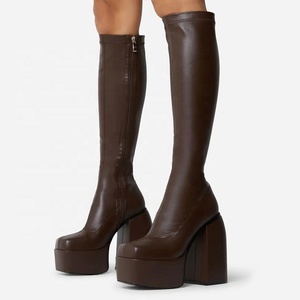 Square Toe Long <b>Sock</b> Shoes Women Knee High Platform Thick Heels <b>Boots</b> Winter Comfortable Solid Fashion - Product Image 1