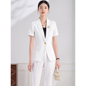 Women's Short Sleeve <b>Blazer</b> And Trousers <b>Set</b> Formal Workwear Anti-Wrinkle Worsted Commute Suit - Product Image 3