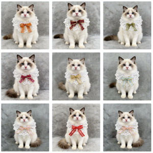 Cute <b>Plush</b> <b>Cat</b> Bibs Lattice Pattern Bandanas Bows Accessories For <b>Cats</b> Dogs All Seasons Pet Apparel Ornament - Product Image 1