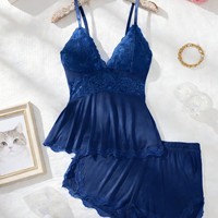 Ensemble de Nuit Femme en Dentelle et Satin, Haut Cami et Short, Col en V, Bretelles Fines, Ourlet Volanté, 2 Pièces, Lingerie de Nuit, Tenue de Nuit